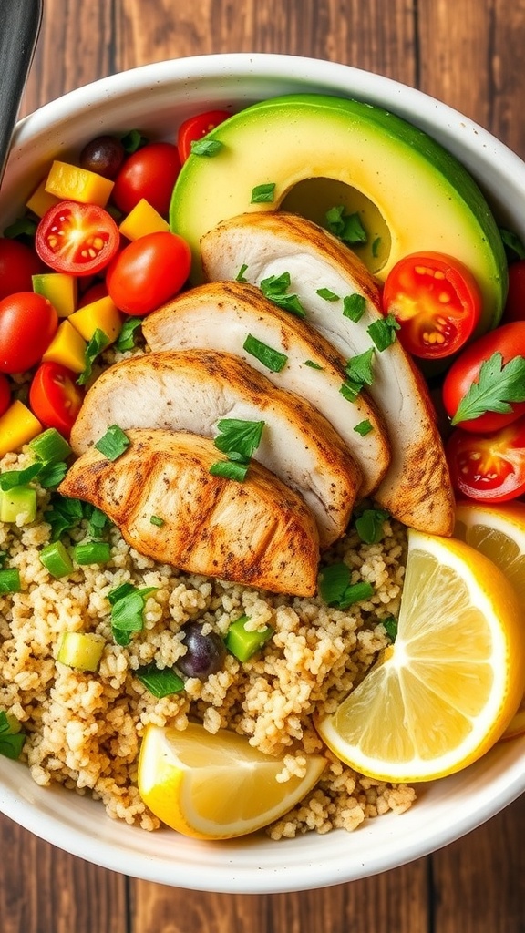 A healthy quinoa chicken bowl with grilled chicken, quinoa, cherry tomatoes, bell peppers, and avocado, garnished with herbs and lemon.